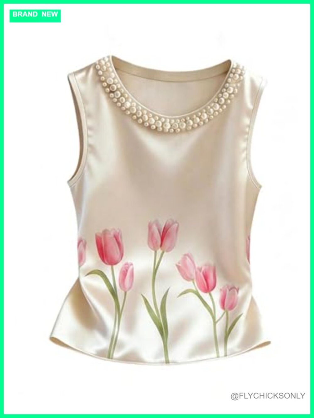 Floral Satin Pearl Beaded Sleeveless Tank Top Dressy Business Casual